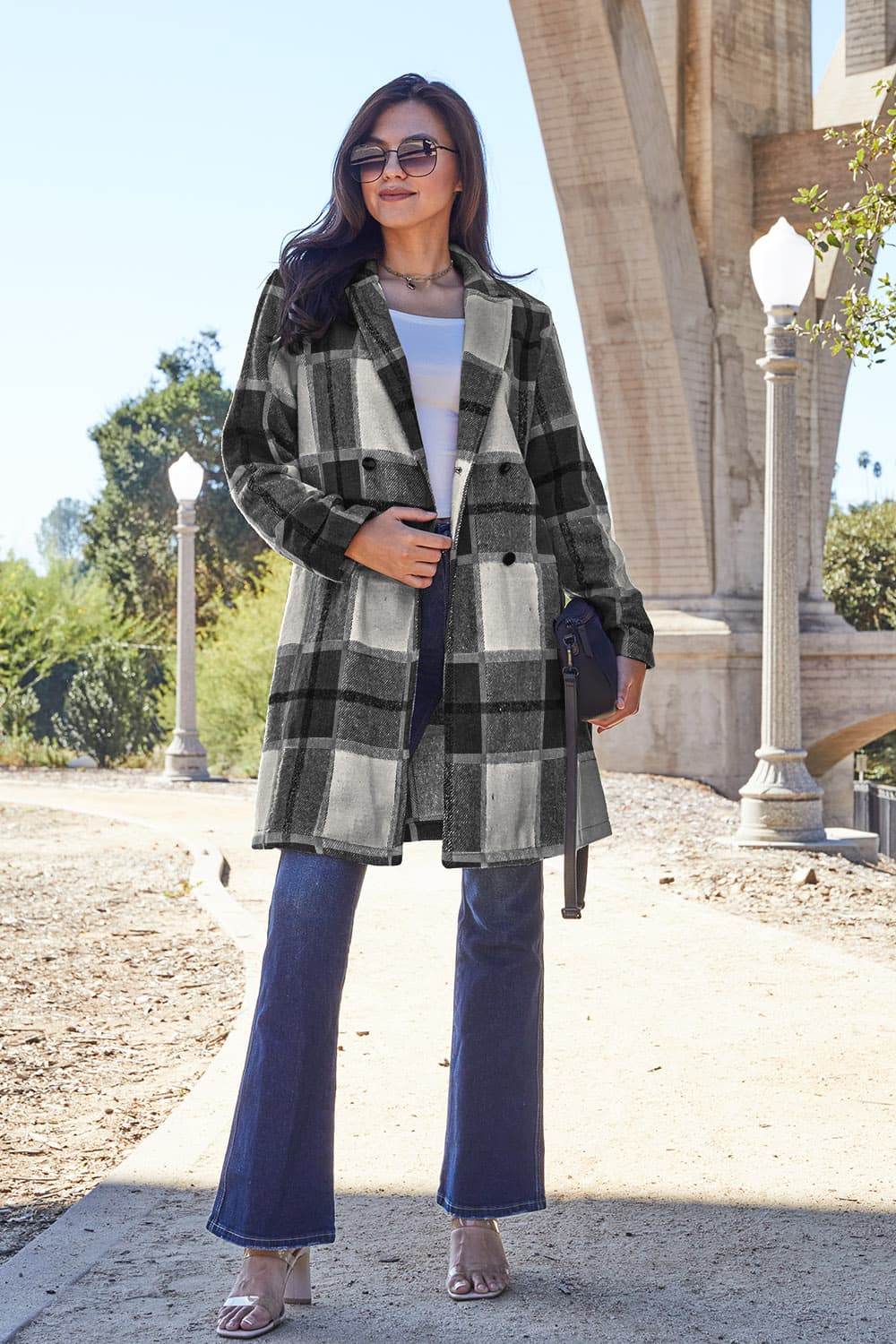 Double Take Full Size Plaid Button Up Lapel Collar Coat Black for a perfect OOTD – dress to impress outfits from Amexza