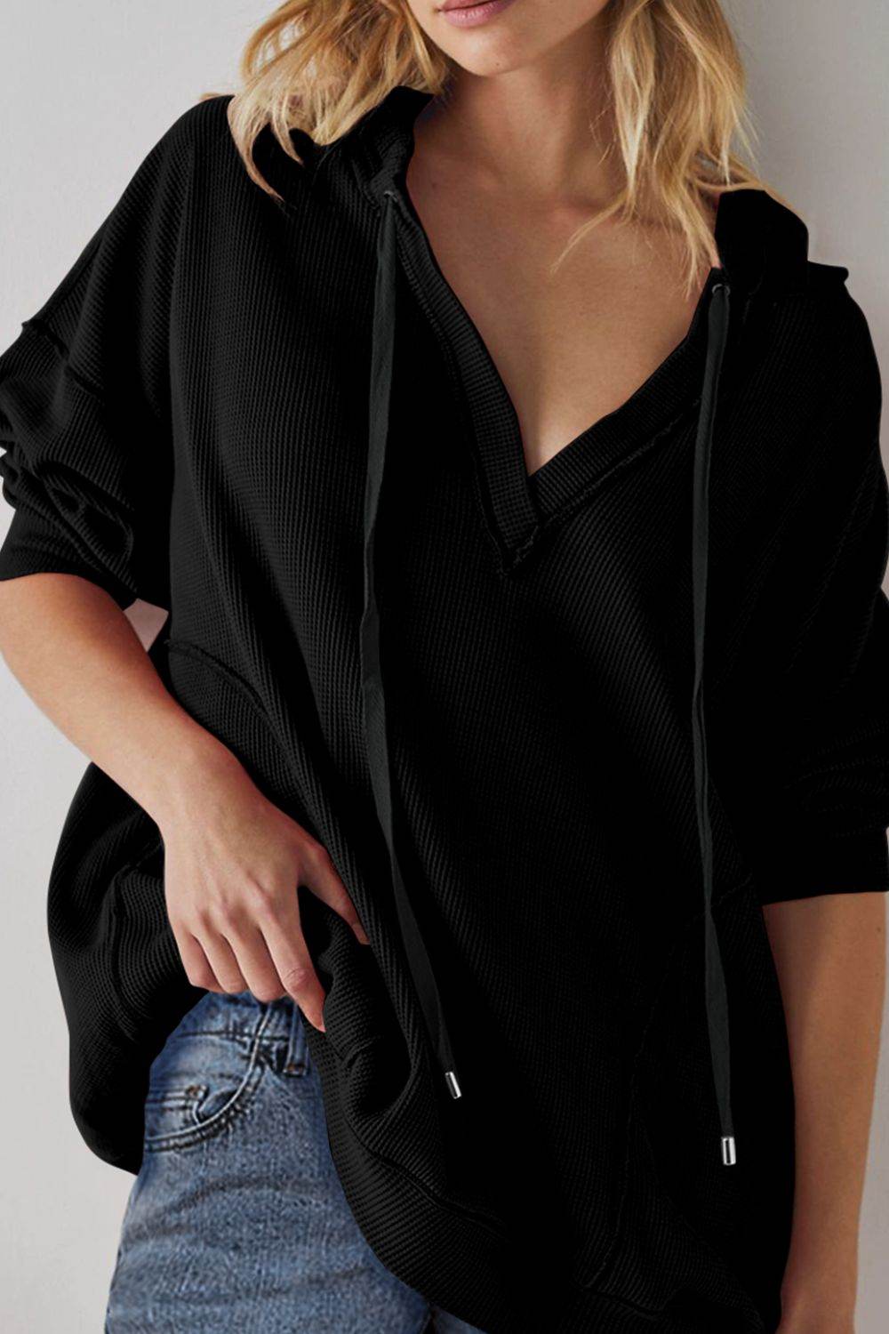 Exposed Seam Drawstring Long Sleeve Hoodie Black for a perfect OOTD – dress to impress outfits from Amexza
