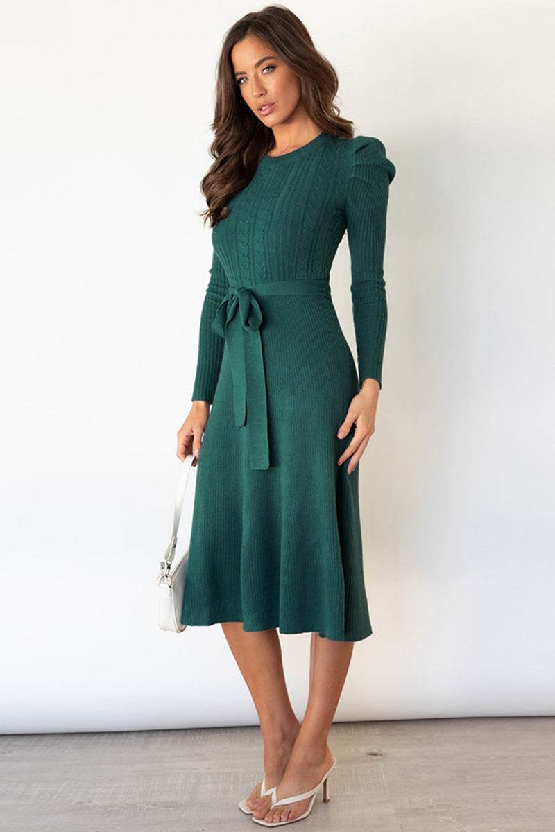 Round Neck Long Sleeve Tie Waist Sweater Dress for a perfect OOTD – dress to impress outfits from Amexza