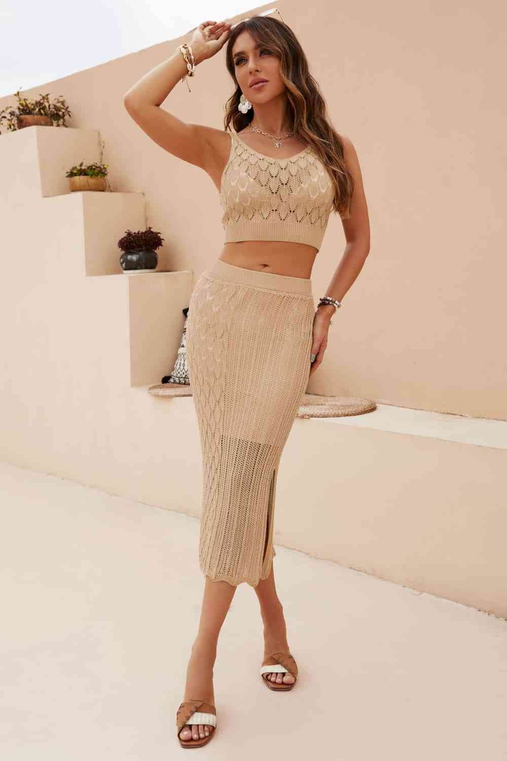 Openwork Cropped Tank and Split Skirt Set - Amexza