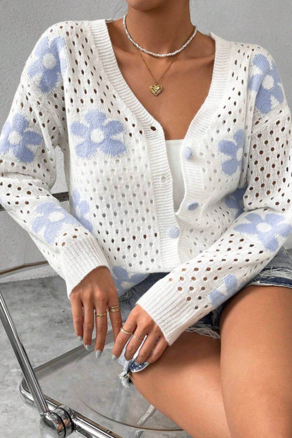 Flower Hollowed Out Button Down Long Sleeve Cardigan for a perfect OOTD – dress to impress outfits from Amexza