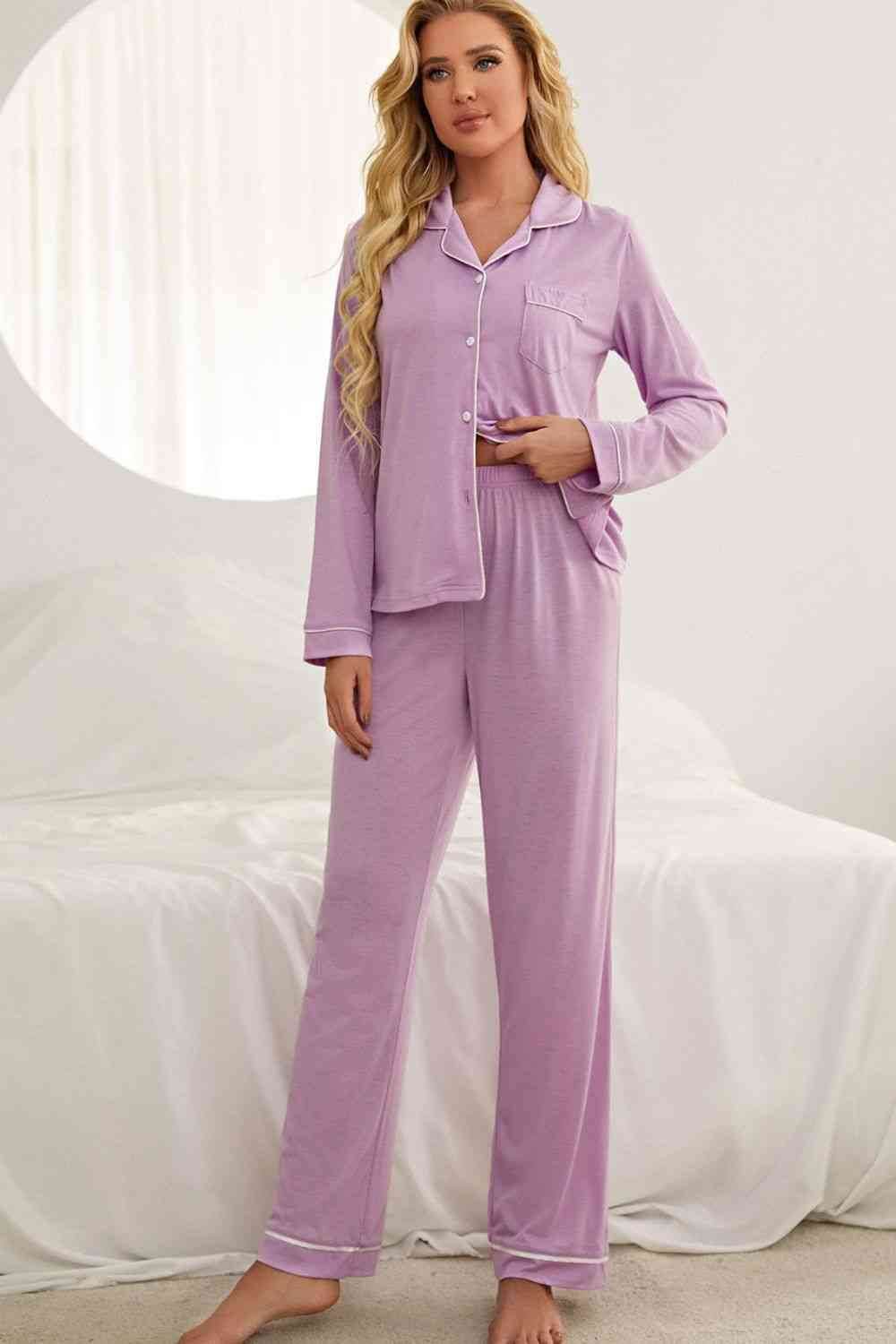 Contrast Piping Button Down Top and Pants Loungewear Set Purple for a perfect OOTD – dress to impress outfits from Amexza