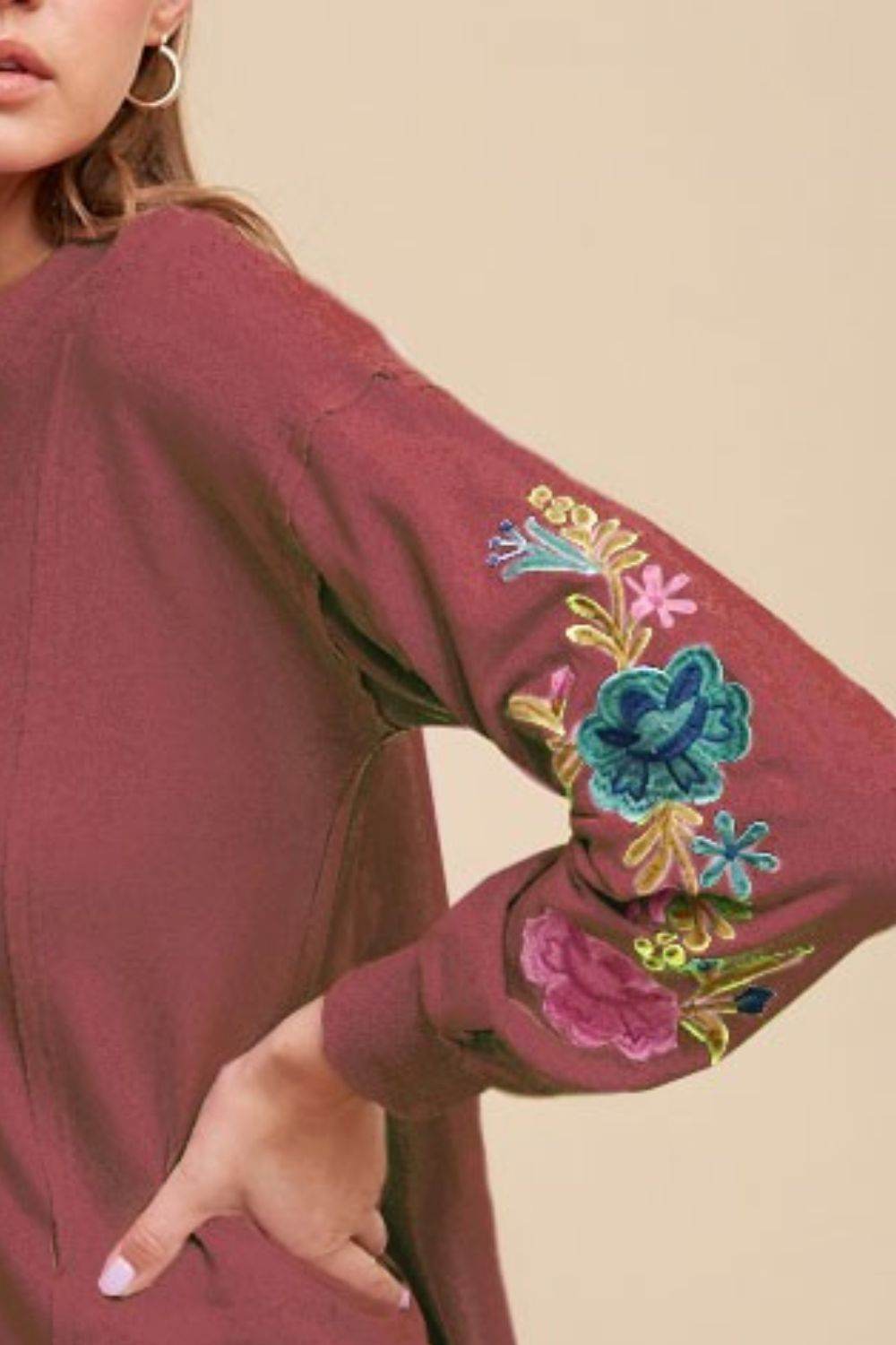 Annie Wear Embroidered Long Sleeve French Terry Top - Amexza