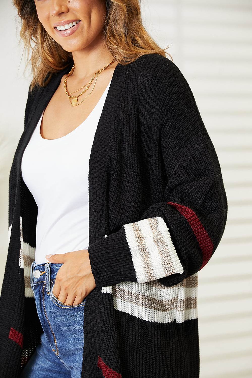 Perfee Striped Rib-Knit Drop Shoulder Open Front Cardigan - Amexza