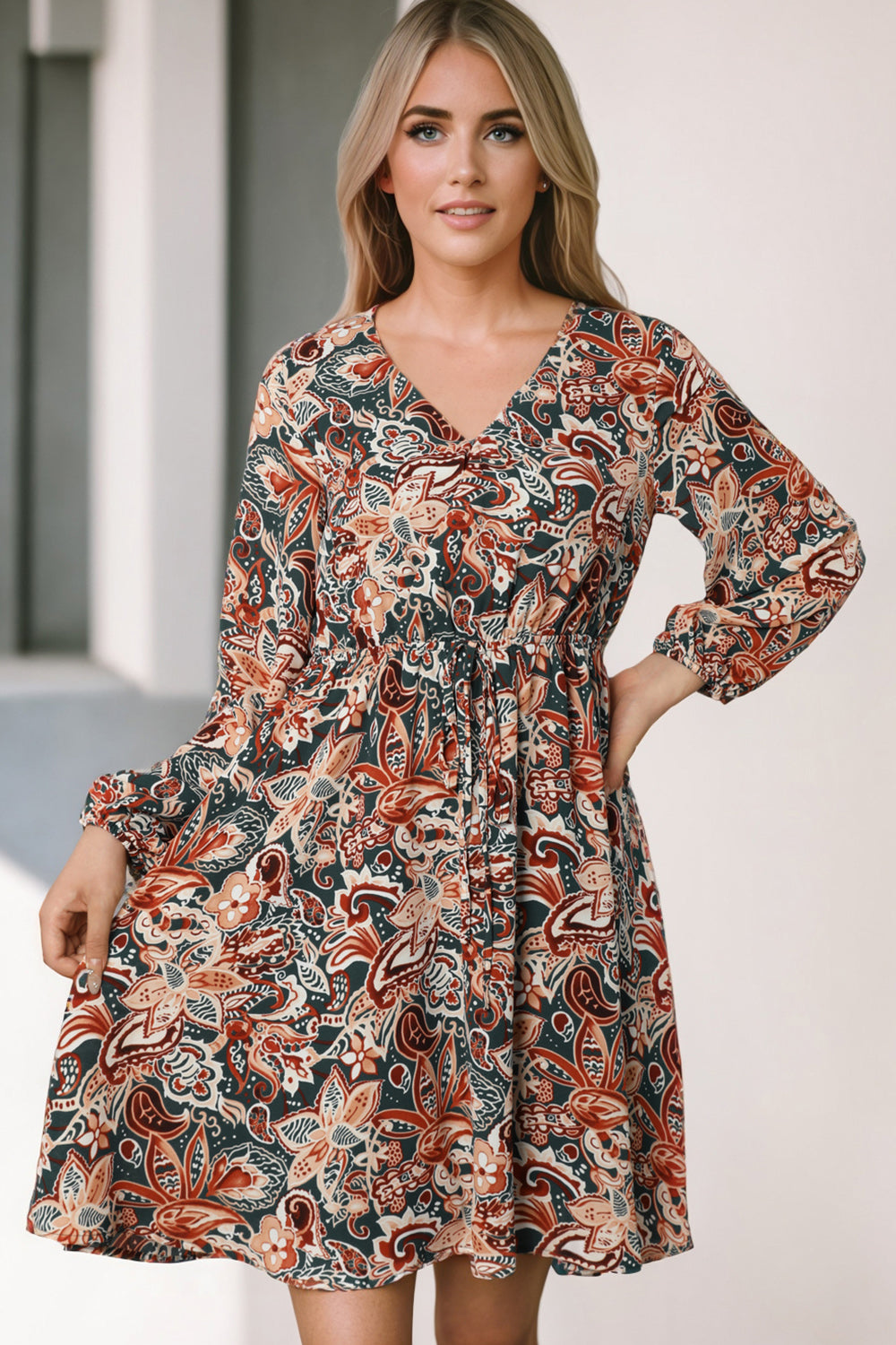 Printed V-Neck Mini Dress - Multicolor / S