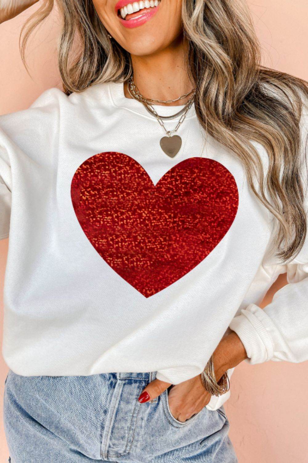 Valentine’s Day Heart Round Neck Long Sleeve Sweatshirt White for a perfect OOTD – dress to impress outfits from Amexza