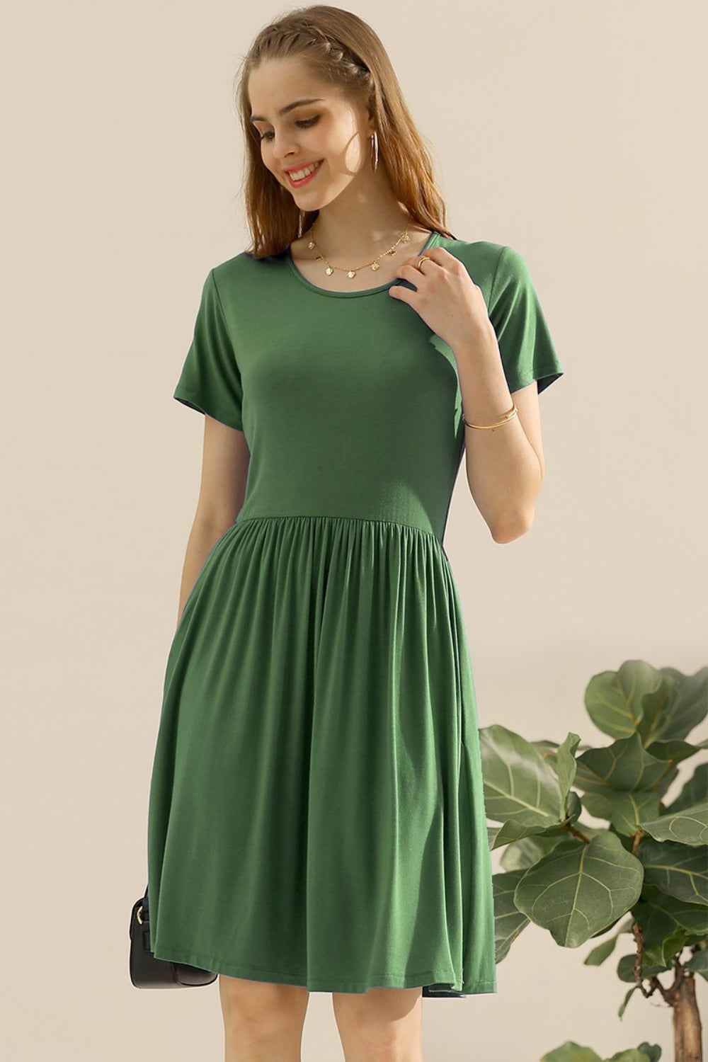 Ninexis Full Size Round Neck Ruched Dress with Pockets OLIVE for a perfect OOTD – dress to impress outfits from Amexza