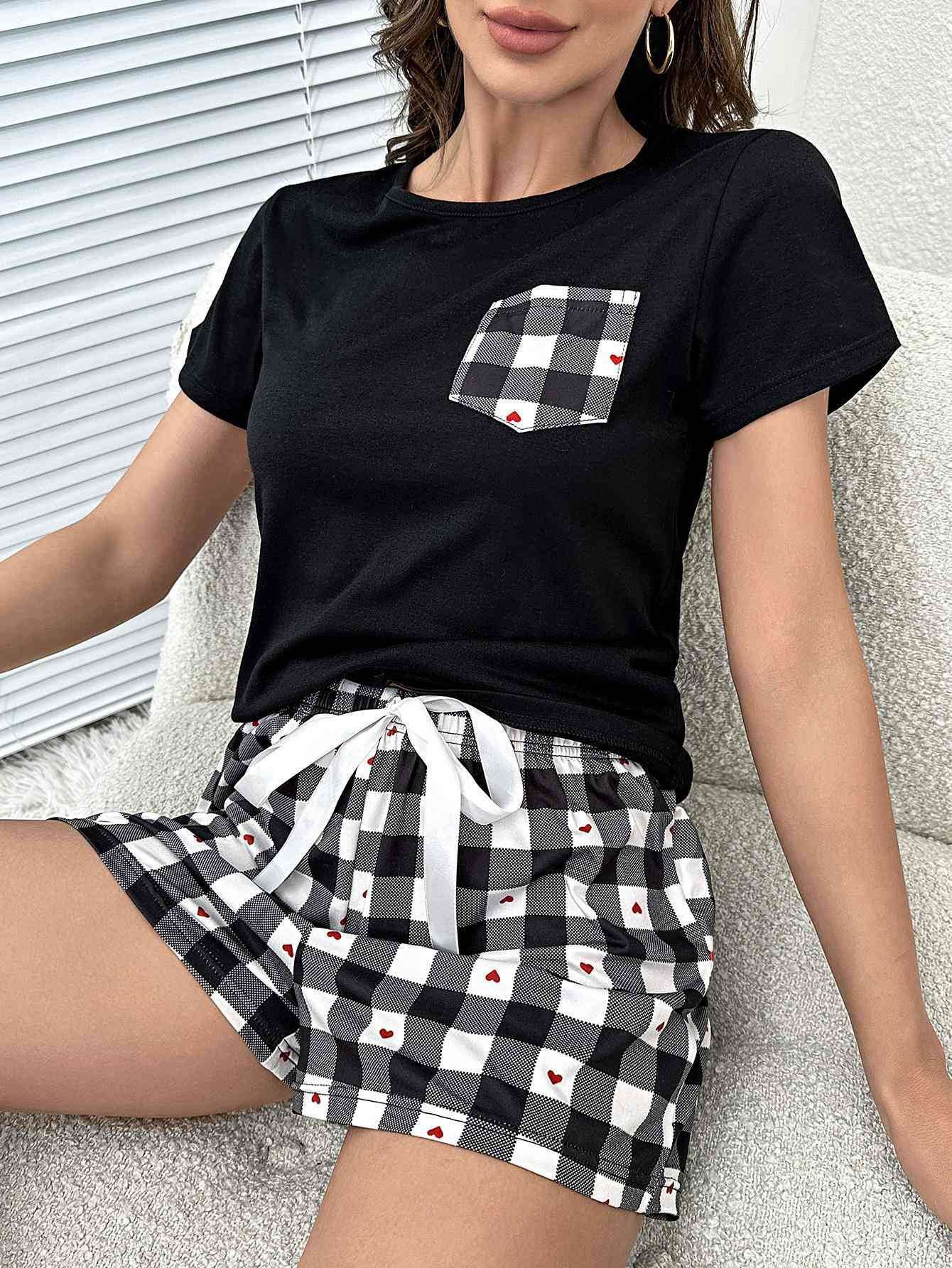 Plaid Heart Top and Shorts Lounge Set - Amexza