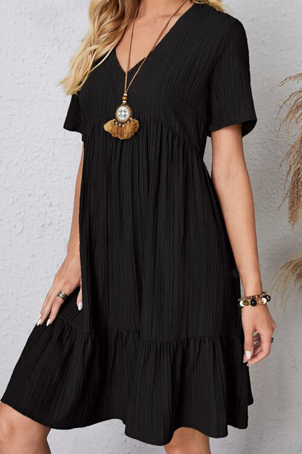 Full Size Ruched V-Neck Short Sleeve Dress - Black / S