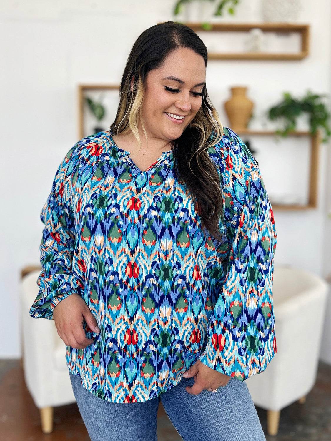 Double Take Full Size Printed Balloon Sleeve Blouse for a perfect OOTD – dress to impress outfits from Amexza