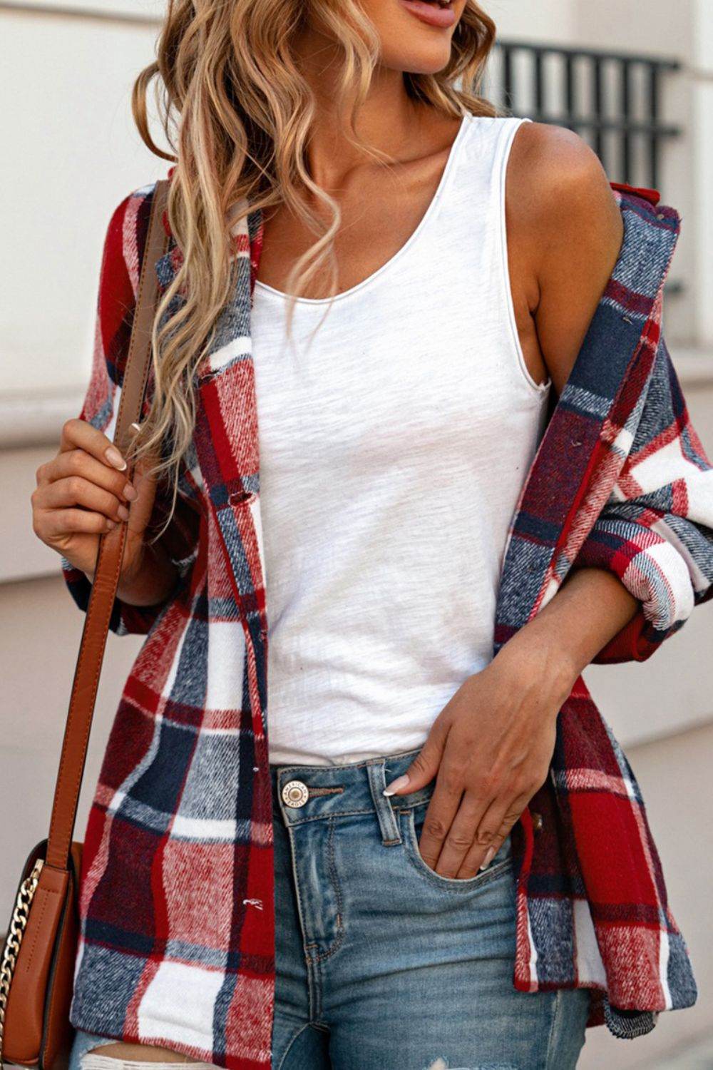 Plaid Button Up Hooded Shacket Red for a perfect OOTD – dress to impress outfits from Amexza