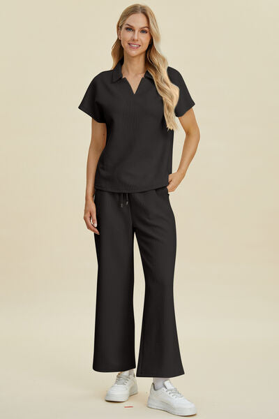 Double Take Full Size Collared Neck Short Sleeve Top and Pants Set for a perfect OOTD – dress to impress outfits from Amexza