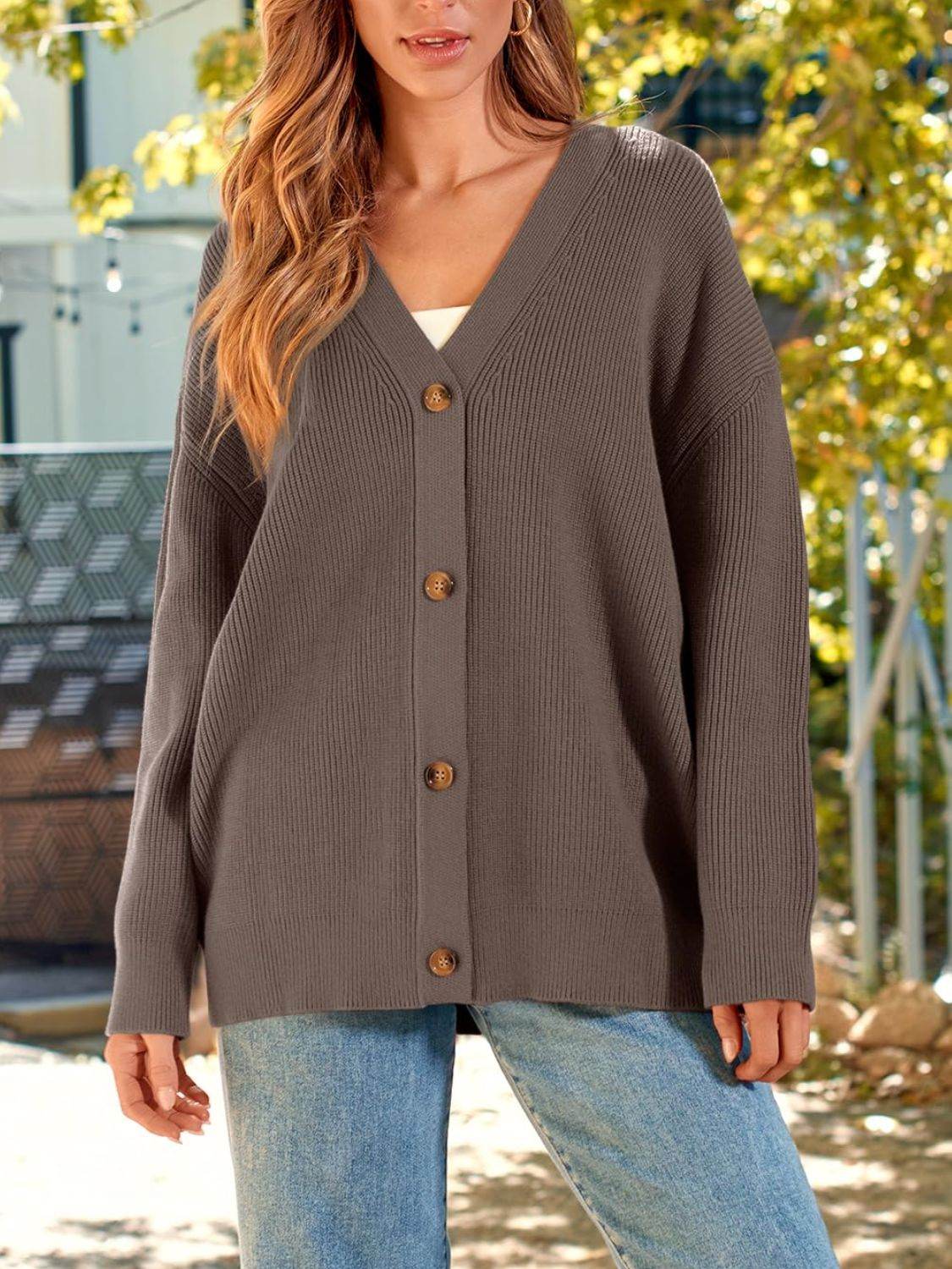 Button Down Long Sleeve Cardigan - Amexza