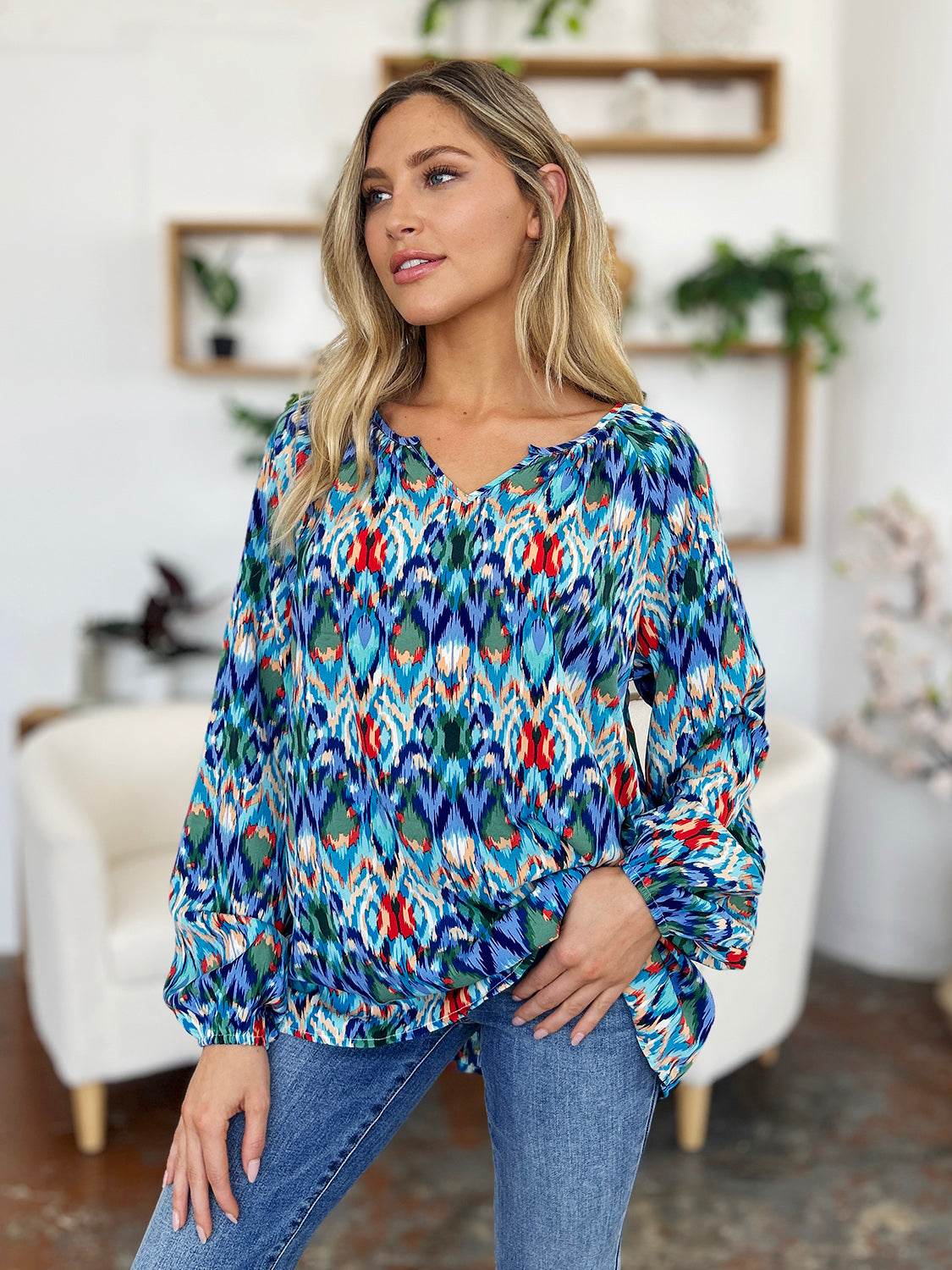 Double Take Full Size Printed Balloon Sleeve Blouse for a perfect OOTD – dress to impress outfits from Amexza