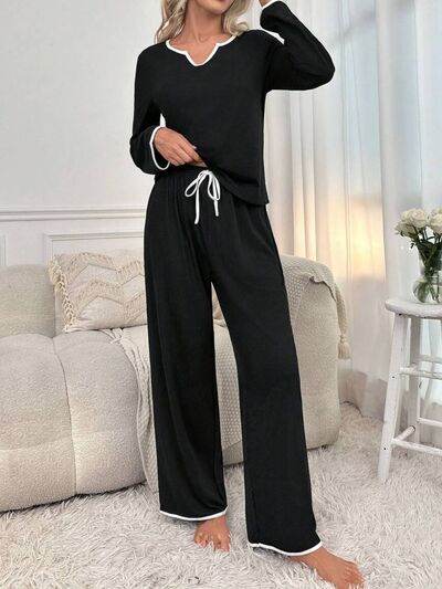 Contrast Trim Notched Long Sleeve Top and Pants Lounge Set Black for a perfect OOTD – dress to impress outfits from Amexza