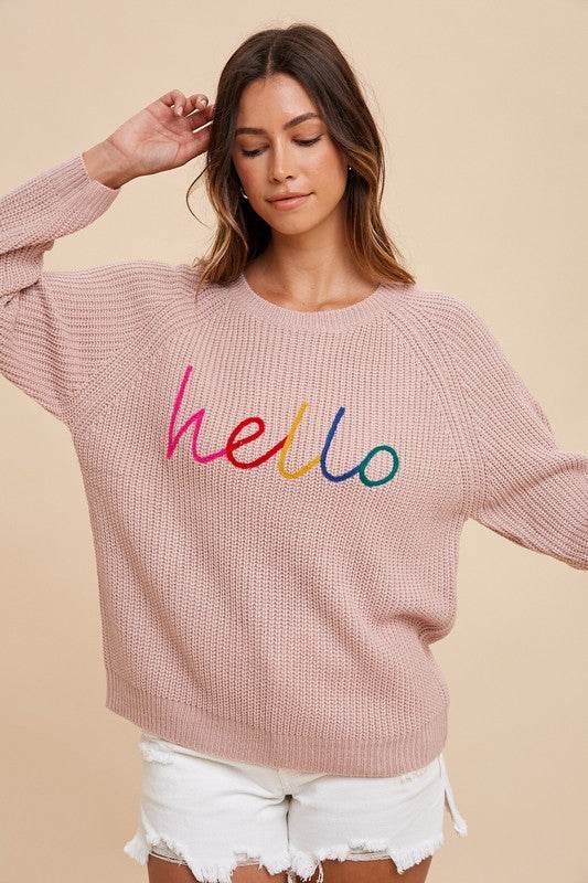 Annie Wear HELLO Embroidered Raglan Sleeve Sweater - Amexza