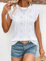 Openwork Round Neck Cap Sleeve Top - Amexza