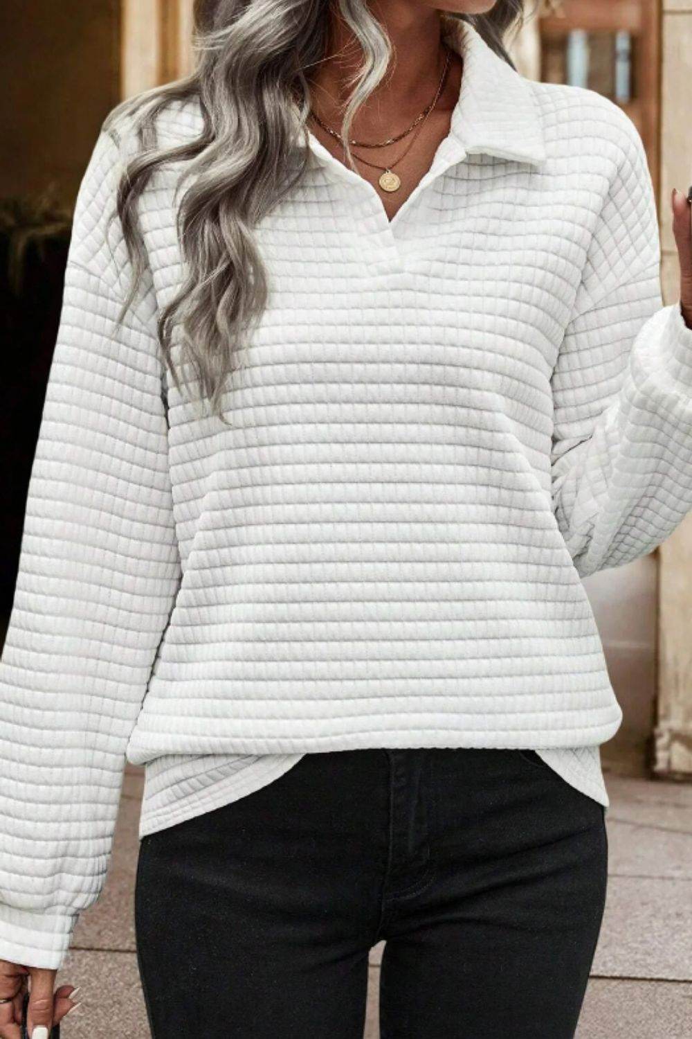 Texture Johnny Collar Long Sleeve Sweatshirt - Amexza