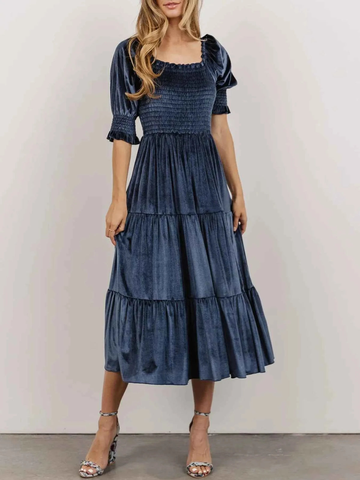Smocked Half Sleeve Tiered Midi Dress