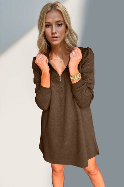 Double Take Textured Quarter Zip Long Sleeve Dress for a perfect OOTD – dress to impress outfits from Amexza