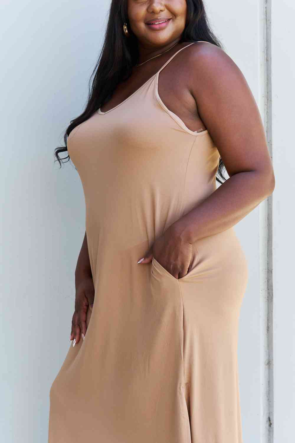 Ninexis Good Energy Full Size Cami Side Slit Maxi Dress in Camel for a perfect OOTD – dress to impress outfits from Amexza