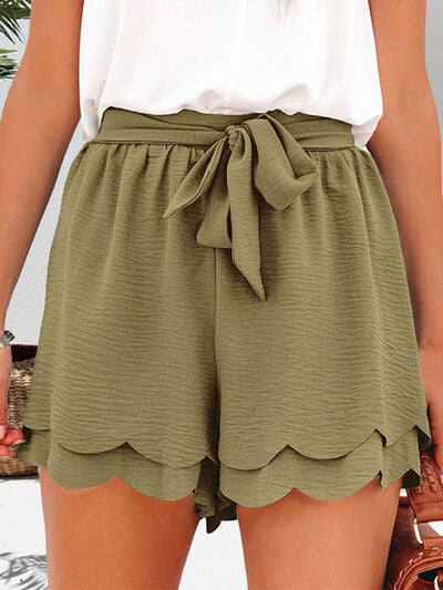 Tied Layered Scalloped Hem Shorts Moss for a perfect OOTD – dress to impress outfits from Amexza