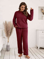 Ivy Lane Teddy Long Sleeve Top and Pants Lounge Set Burgundy for a perfect OOTD – dress to impress outfits from Amexza