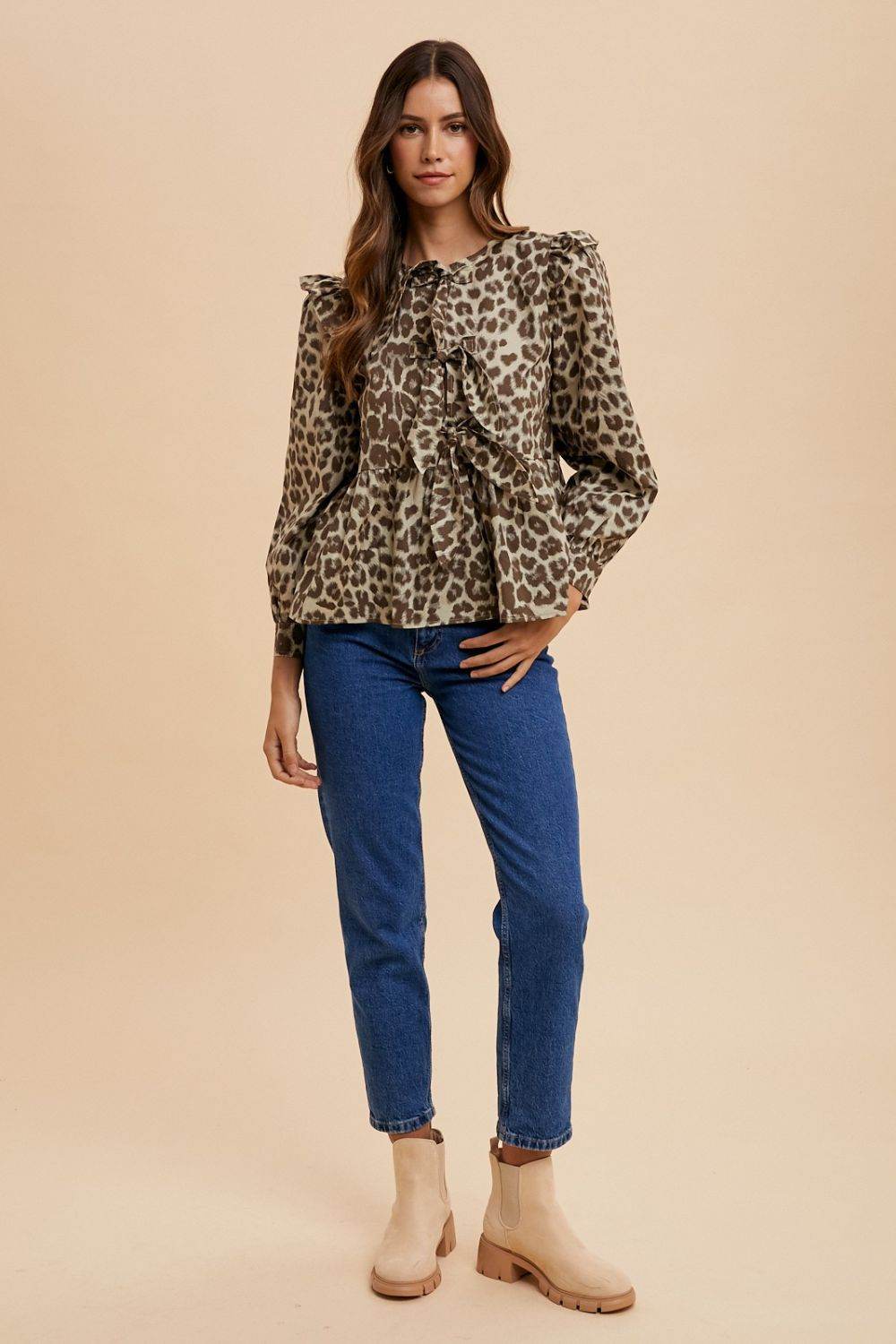 Annie Wear Tied Leopard Round Neck Peplum Blouse for a perfect OOTD – dress to impress outfits from Amexza