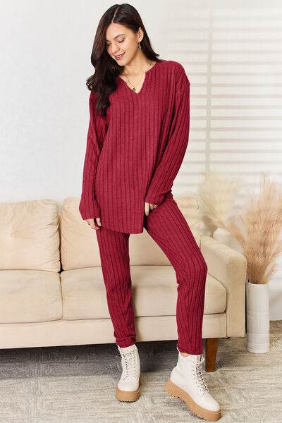 Basic Bae Full Size Notched Long Sleeve Top and Pants Set for a perfect OOTD – dress to impress outfits from Amexza