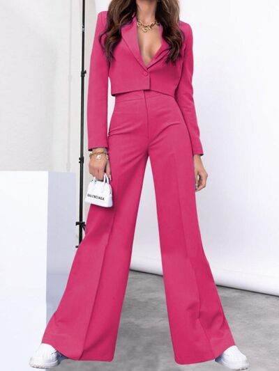 Lapel Collar Cropped Top and Wide Leg Pants Set - Amexza