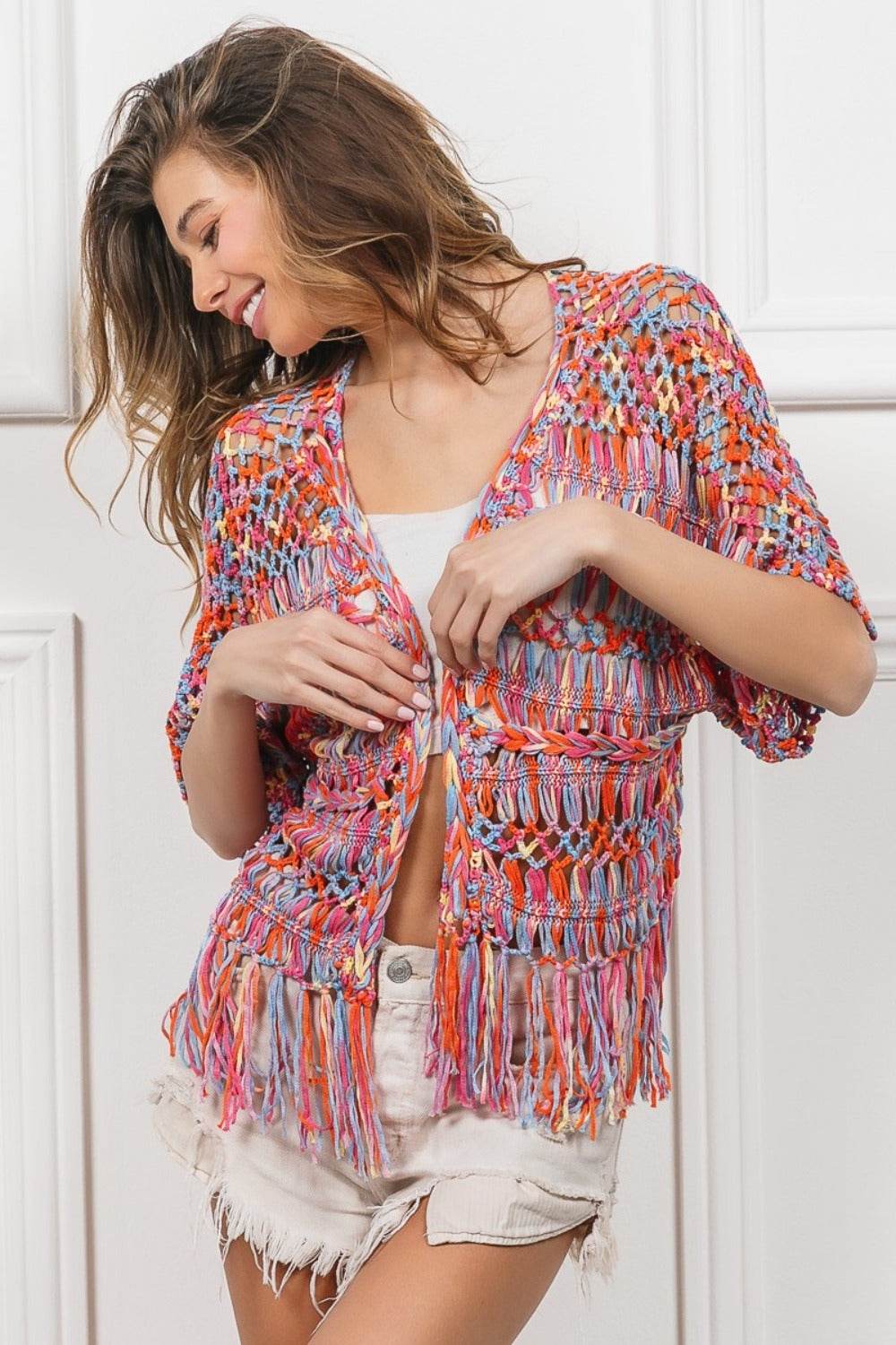 BiBi Open Front Fringed Crop Knit Cardigan for a perfect OOTD – dress to impress outfits from Amexza