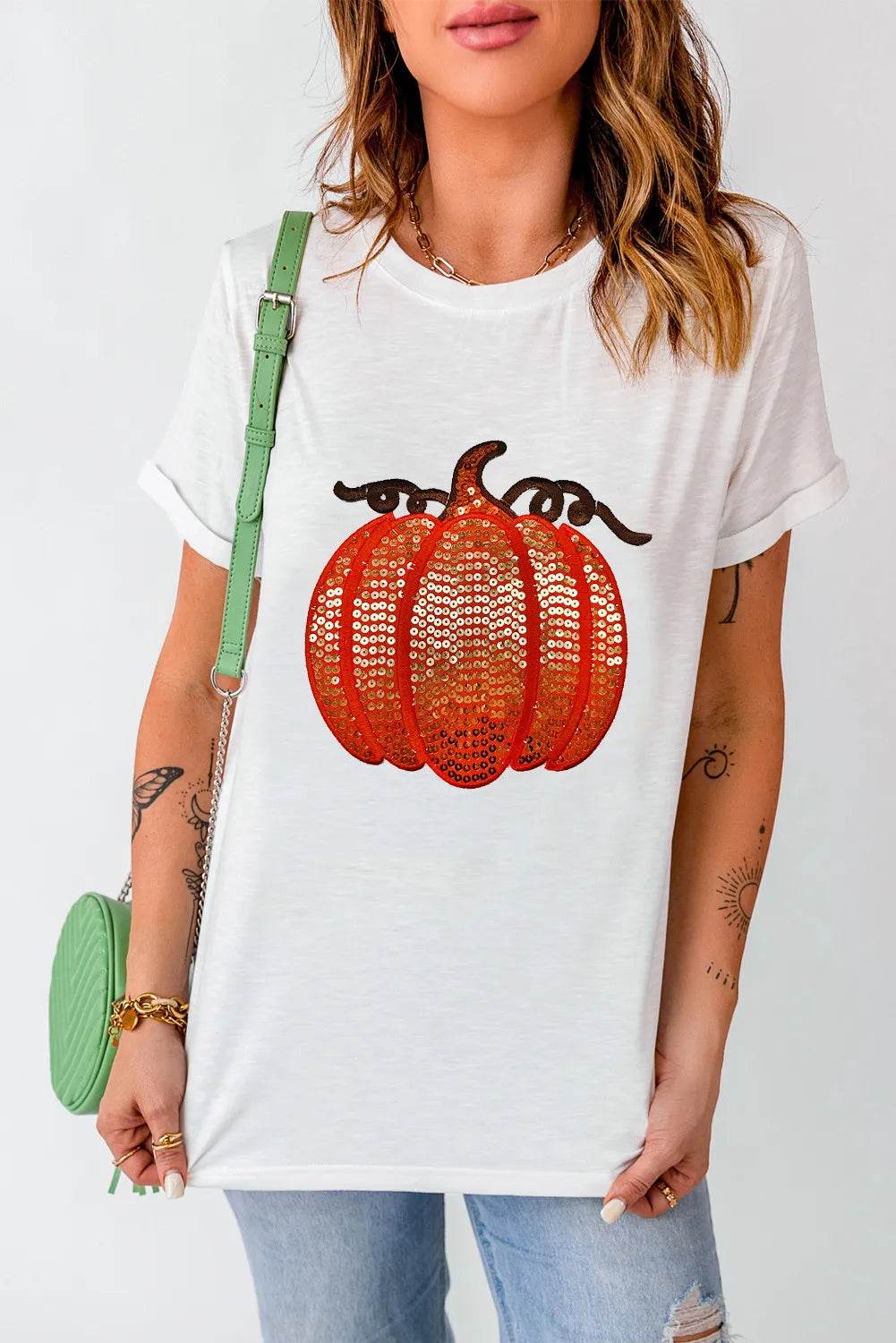 Full Size Sequin Pumpkin Round Neck Short Sleeve T-Shirt for a perfect OOTD – dress to impress outfits from Amexza