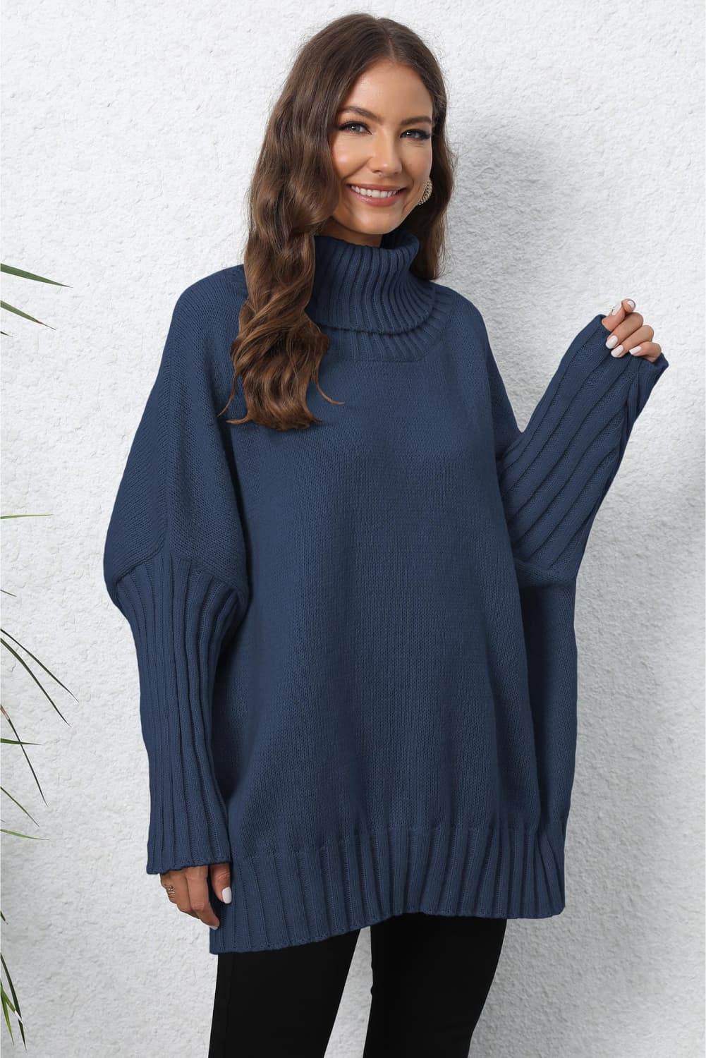 Turtle Neck Long Sleeve Ribbed Sweater Dark Blue One Size for a perfect OOTD – dress to impress outfits from Amexza