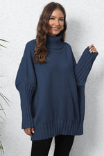 Turtle Neck Long Sleeve Ribbed Sweater Dark Blue One Size for a perfect OOTD – dress to impress outfits from Amexza