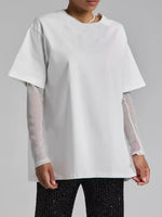 Faux Layered Round Neck Mesh Sleeve Top - Amexza
