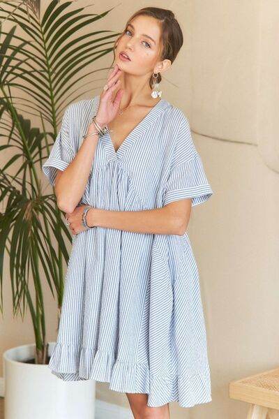 ADORA Ruffled Hem Striped V-Neck Babydoll Dress Light Blue for a perfect OOTD – dress to impress outfits from Amexza