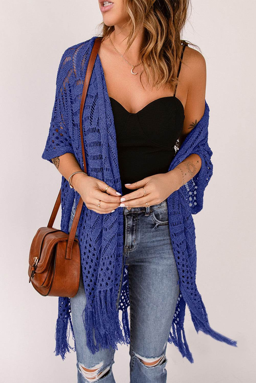 Openwork Open Front Cardigan with Fringes Dark Blue One Size for a perfect OOTD – dress to impress outfits from Amexza