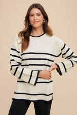 Annie Wear Side Slit Striped Round Neck Sweater for a perfect OOTD – dress to impress outfits from Amexza