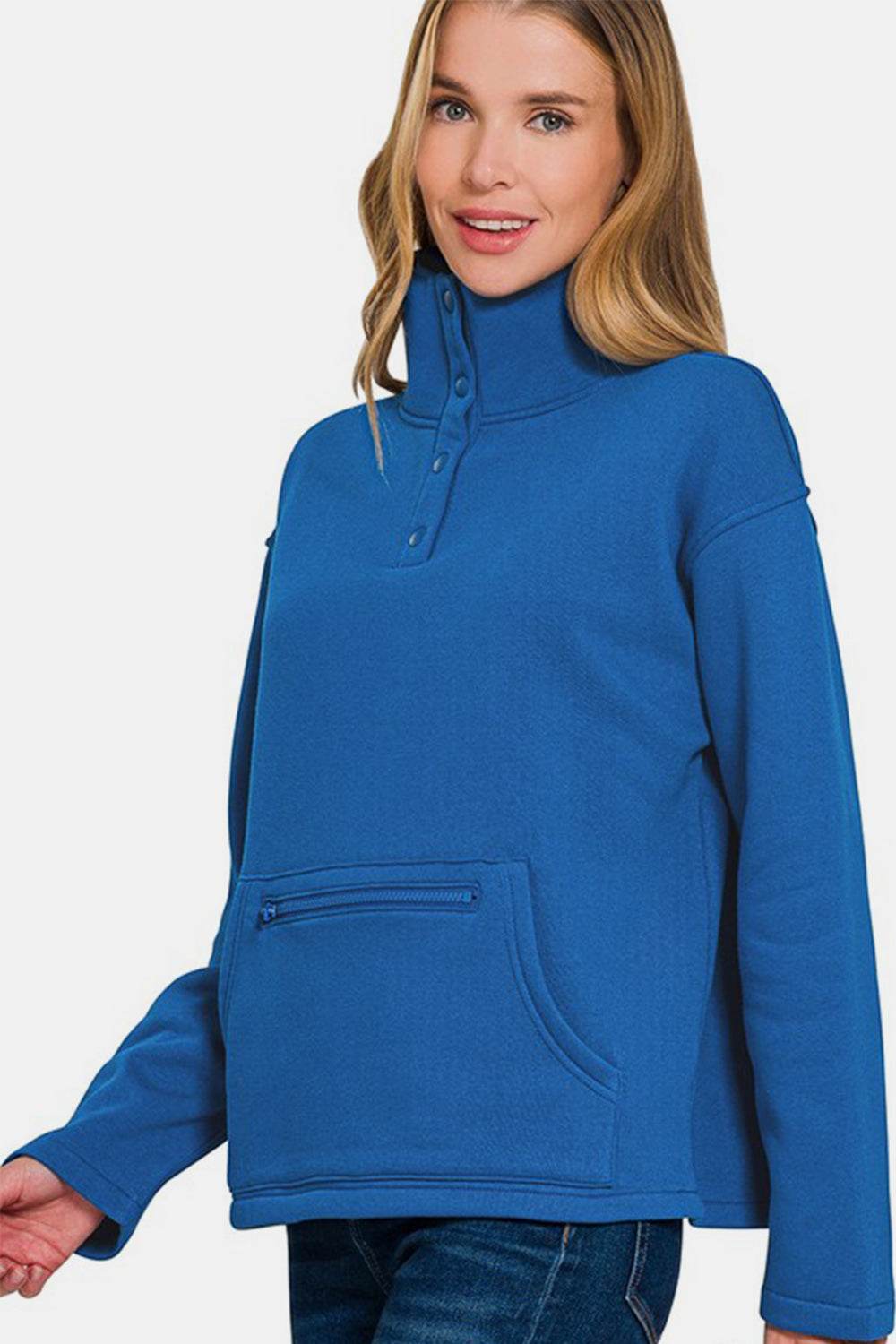 Zenana Turtleneck Half Snap Fleece Sweatshirt - Amexza