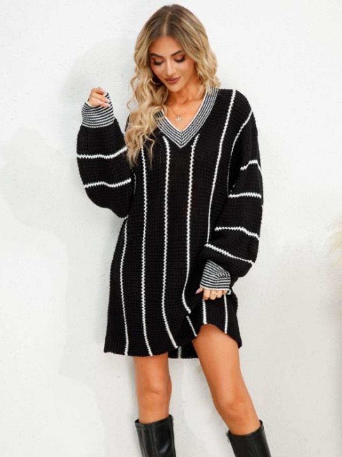 Striped V-Neck Long Sleeve Mini Dress Black for a perfect OOTD – dress to impress outfits from Amexza