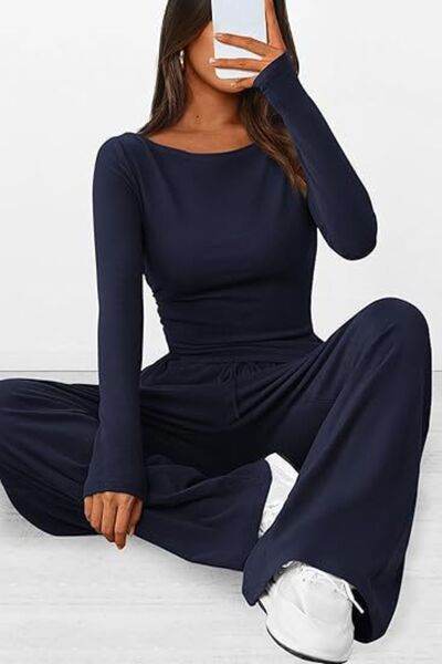 Round Neck Long Sleeve Top and Pants Set - Amexza