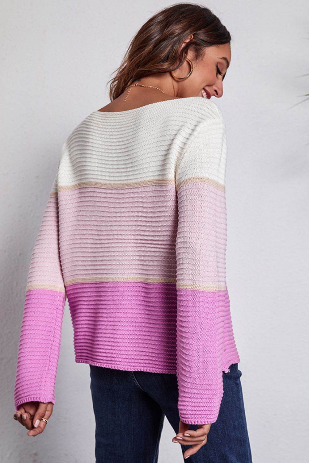 Color Block Horizontal Ribbing Sweater - Amexza