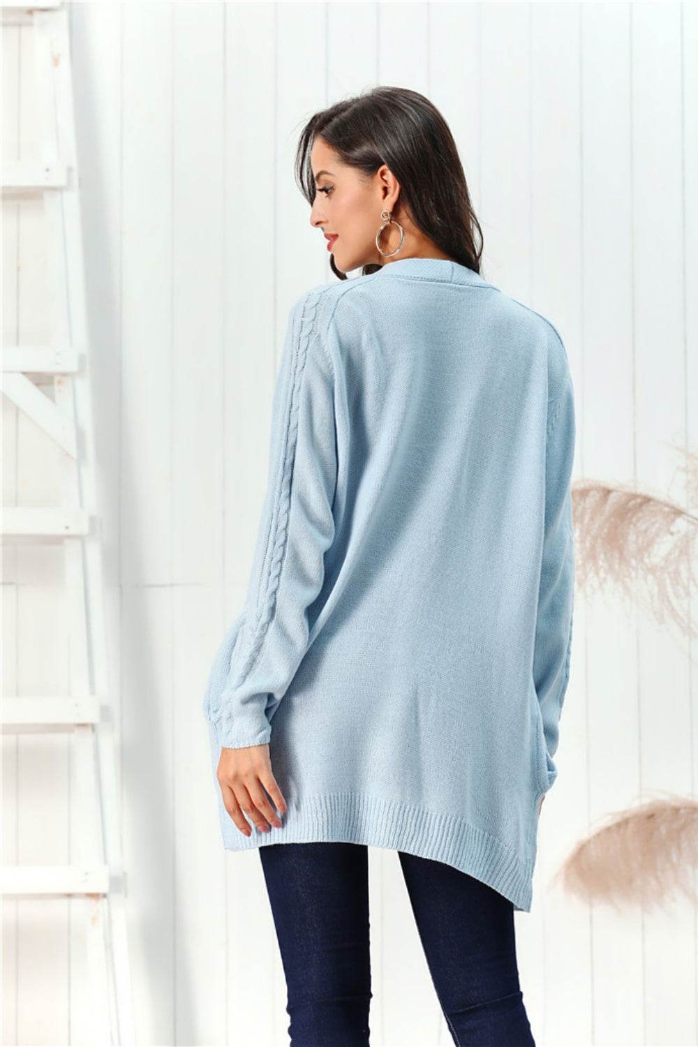 Cable-Knit Open Front Long Sleeve Cardigan Light Blue for a perfect OOTD – dress to impress outfits from Amexza