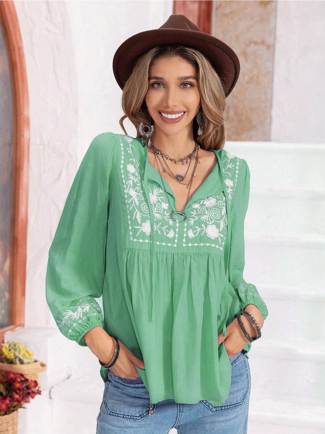 Floral Tie Neck Balloon Sleeve Blouse Gum Leaf for a perfect OOTD – dress to impress outfits from Amexza