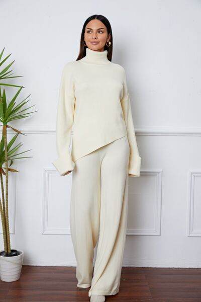 Turtleneck Dropped Shoulder Top and Pants Sweater Set Ivory One Size for a perfect OOTD – dress to impress outfits from Amexza