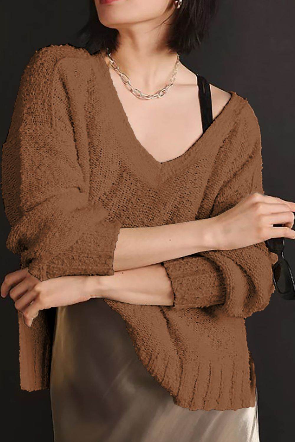 V-Neck Dropped Shoulder Sweater Camel for a perfect OOTD – dress to impress outfits from Amexza