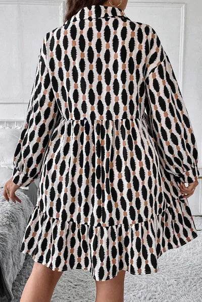 Plus Size Printed Johnny Collar Long Sleeve Dress for a perfect OOTD – dress to impress outfits from Amexza