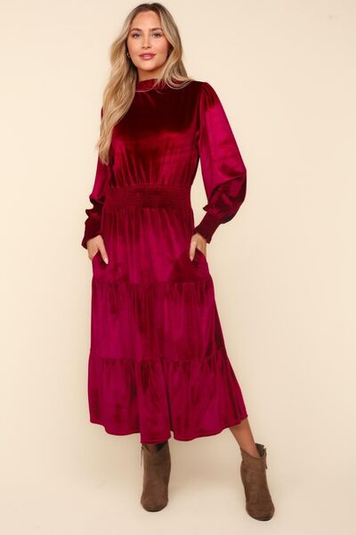 Haptics Mock Neck Smocked Waist Velvet Tiered Dress Burgundy for a perfect OOTD – dress to impress outfits from Amexza