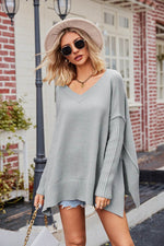 V-Neck Slit Exposed Seam Sweater for a perfect OOTD – dress to impress outfits from Amexza