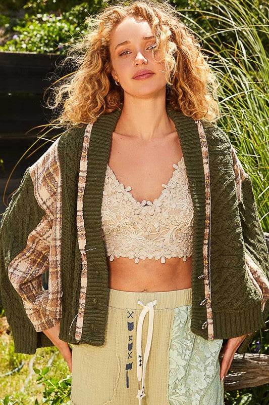 POL Cable-Knit Plaid V-Neck Button Up Cardigan - Amexza